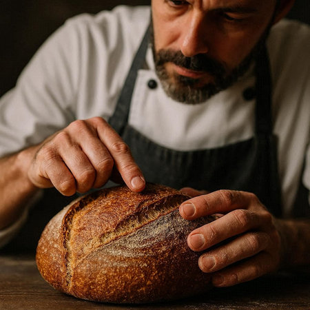 Close-up of a man's hands kneading a freshly baked loaf of bread.