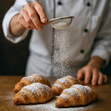 Croissants sprinkled with powdered sugar on a wooden table, selective focus.