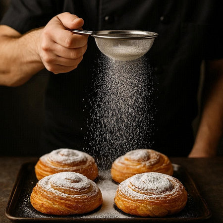 Baker sprinkling sugar on fresh cinnamon buns with sugar powder