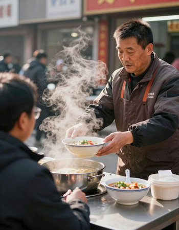 Unidentified Chinese people in Beijing street food.