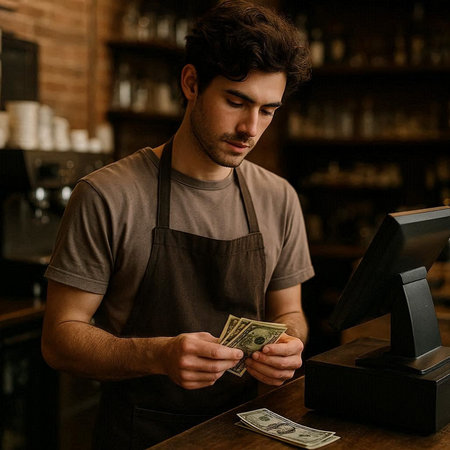 Portrait of handsome barista counting money at counter in coffee shop
