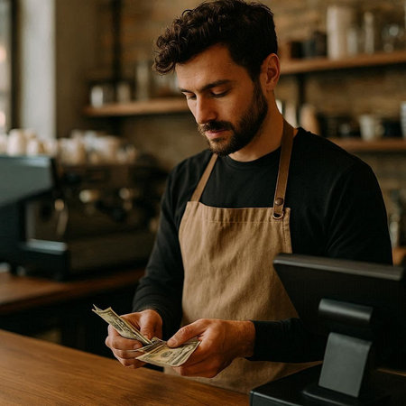 Handsome barista counting money at counter in coffee shop.