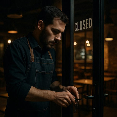 Handsome bearded man in apron opening door at night.