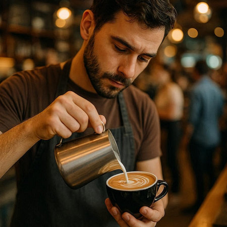 Barista pouring milk into a cup of latte art coffee.