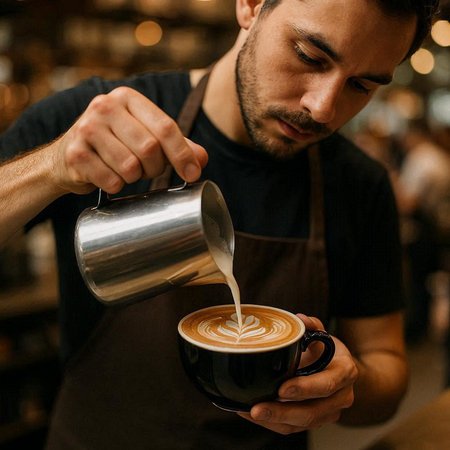 Barista pouring milk into a cup of cappuccino coffee