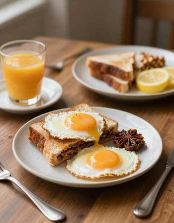 Breakfast with fried eggs, toast and orange juice on wooden table