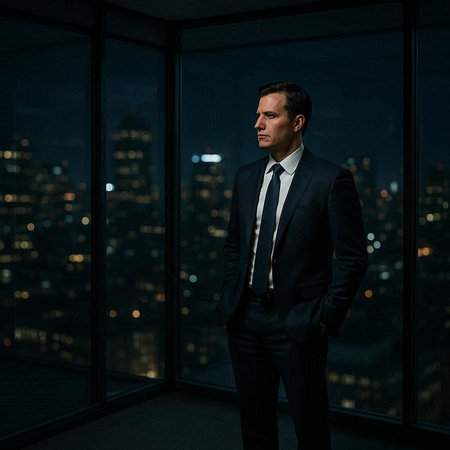 Portrait of a confident businessman standing in front of a window overlooking the city.