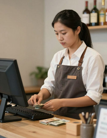 asian female cashier counting money at cash desk in coffee shop