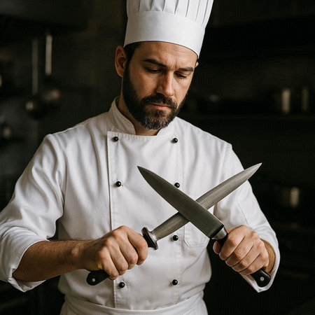 Portrait of a bearded chef in a white uniform with a knife.
