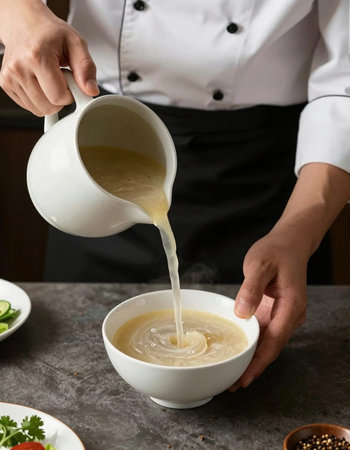 Chef pouring condensed milk into a bowl of soup, closeup