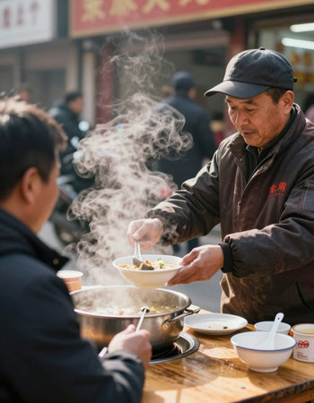 Unidentified Chinese man cooking food at the street food market in Chengdu, China.