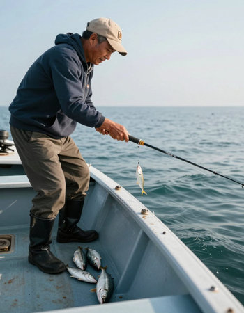 Fisherman with a fishing rod on the fishing boat in the sea