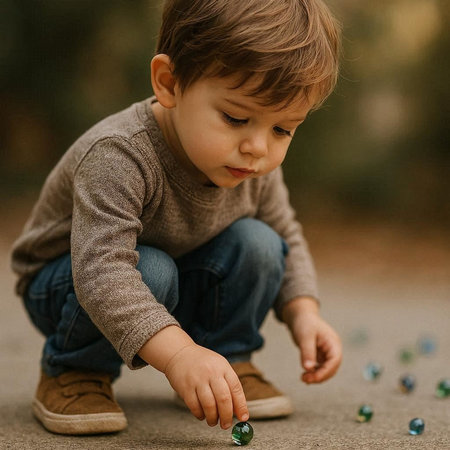 Little boy playing with marbles in the park. Selective focus.