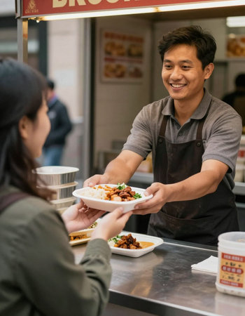 Asian man serving food to customer at fast food restaurant. Food delivery service concept.