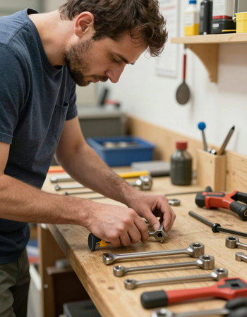 Man working on a wooden workbench in a workshop with different tools