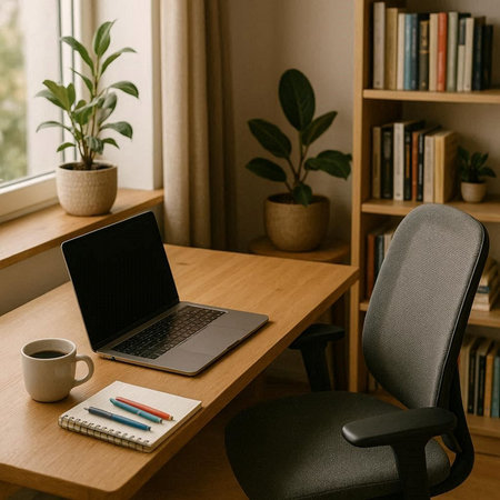 Office workplace with laptop, coffee cup and stationery on wooden table