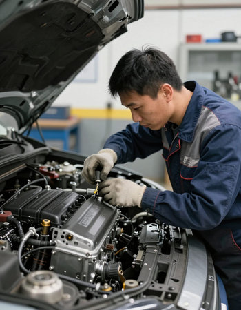 auto mechanic working in auto repair shop, checking engine oil level.