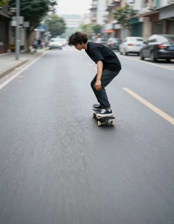 young man riding skateboard on the road in Hong Kong city.