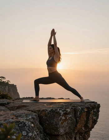 Young woman practicing yoga on the top of a mountain at sunset.