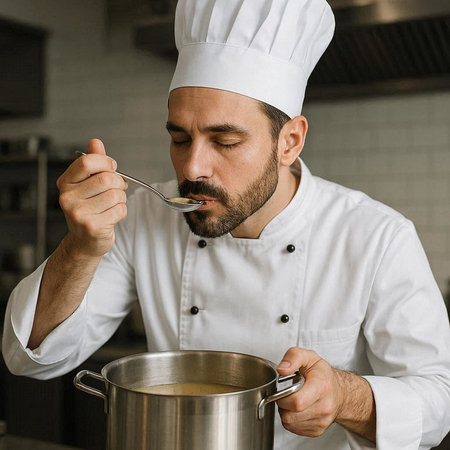 Portrait of a male chef with a spoon in his hands.