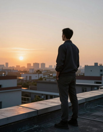 Young man standing on the roof of a building looking to the sunset