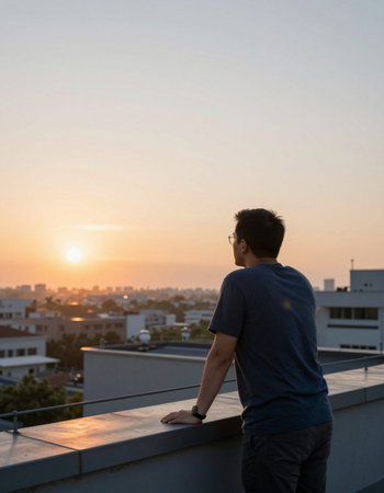 Back view of a young man standing on the rooftop and looking at the sunset