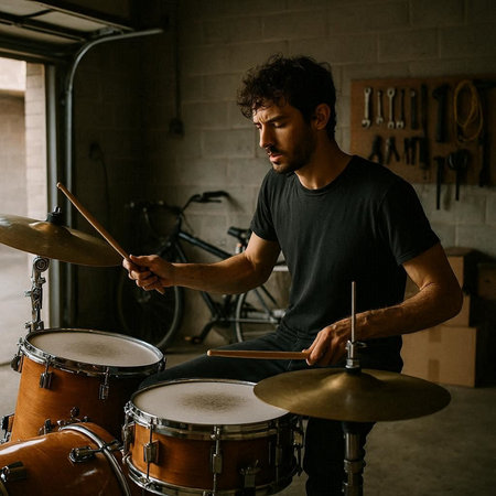 Musician playing drums in his studio. Musician playing drums.