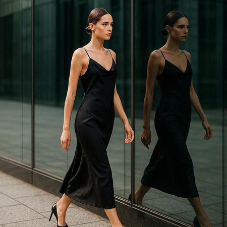 Beautiful young woman in black evening dress posing on the street.