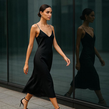 fashion outdoor photo of beautiful woman with dark hair in elegant black dress posing in the city
