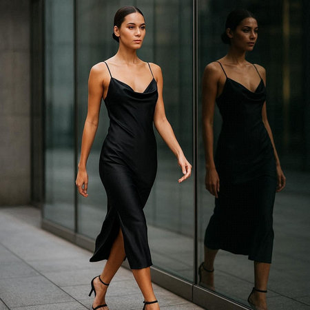 Fashionable young woman in black dress walking in the city.