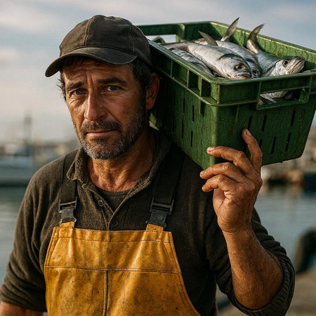 Portrait of a fisherman with a basket of fresh fish in his hands