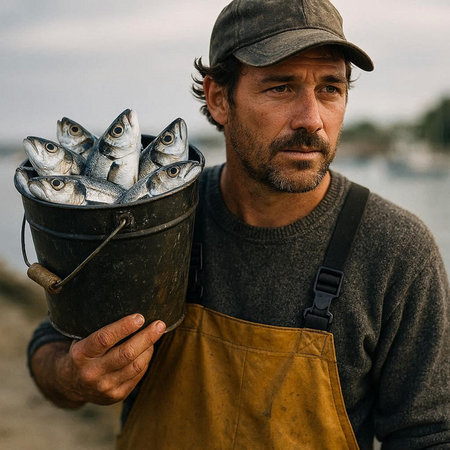Fisherman holding a bucket with fresh fish on the river bank