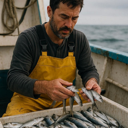 Fisherman in yellow apron and apron holding fresh fish on the fishing boat