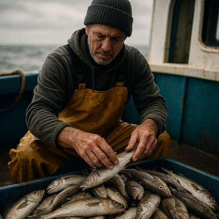 Fisherman on a fishing boat with freshly caught seabass.