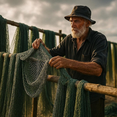 Senior man with fishing net on the farm. Portrait of an old fisherman.