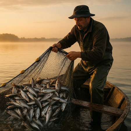 Fisherman with net catch of fish on the river at sunrise