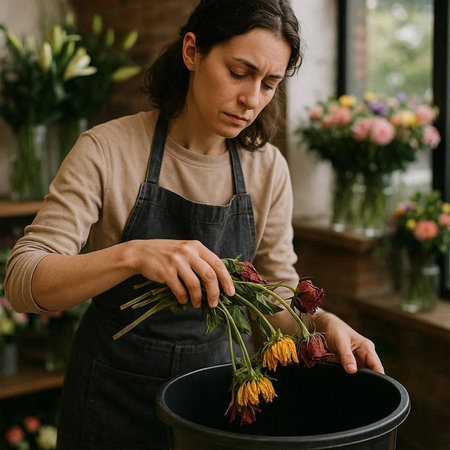 Female florist working in flower shop, making bouquet of dried flowers