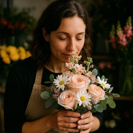 Young woman florist with a bouquet of flowers in her hands