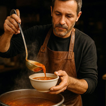 Handsome mature man cooking soup in a restaurant kitchen. Close-up.