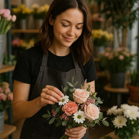 Female florist making a bouquet in her flower shop.