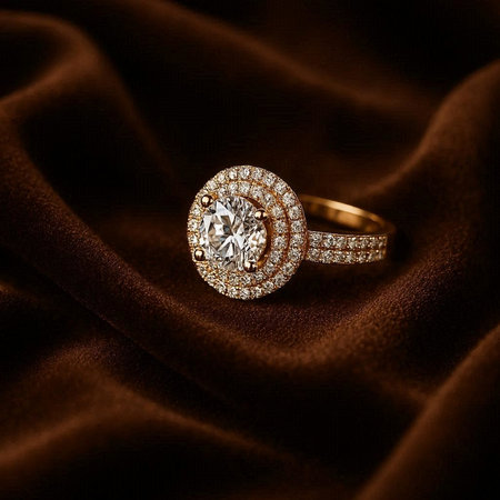 Diamond ring on a brown satin background. Jewelry background.