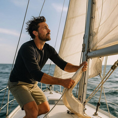 Handsome man on the deck of a sailing yacht in the sea