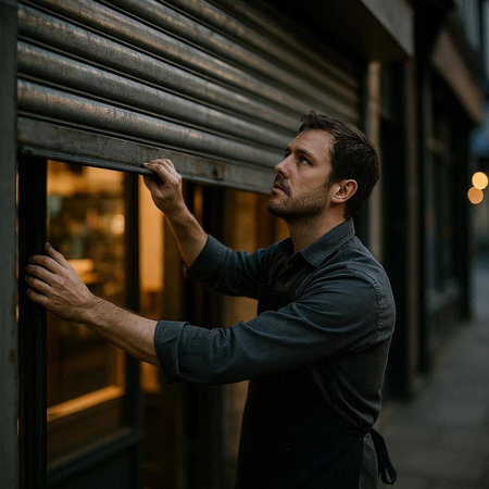 Handsome young man in a black shirt is standing on the street near the window in the evening.