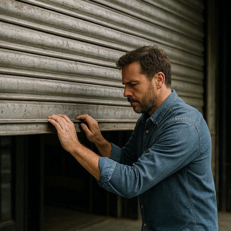 Man with a beard, wearing a denim shirt, is standing in front of a metal shutter.