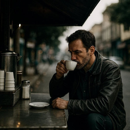 A man in a black jacket drinks coffee in a street cafe.
