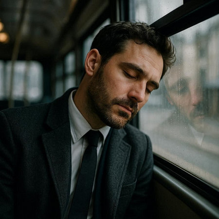 Portrait of a handsome young man in a business suit looking out the window