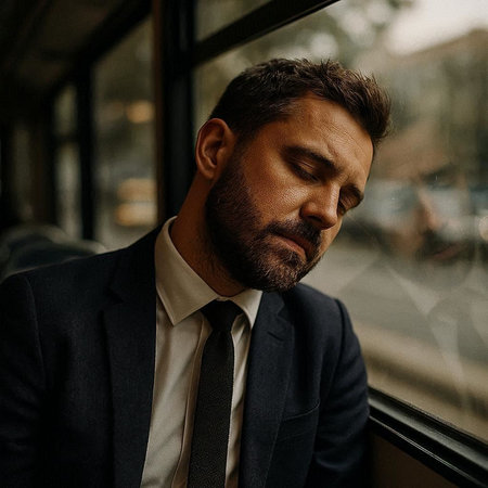 Handsome bearded man in suit and tie looking out the window