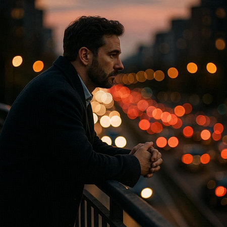 Handsome bearded Hispanic man in a dark blue jacket and black T-shirt standing on a balcony with a view of the night city.