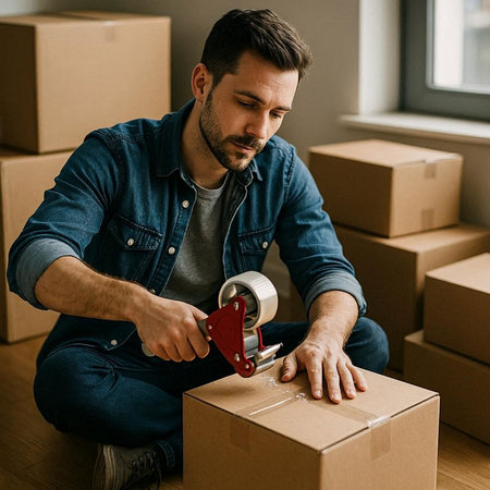 Confident young man using tape measure while packing boxes in new home