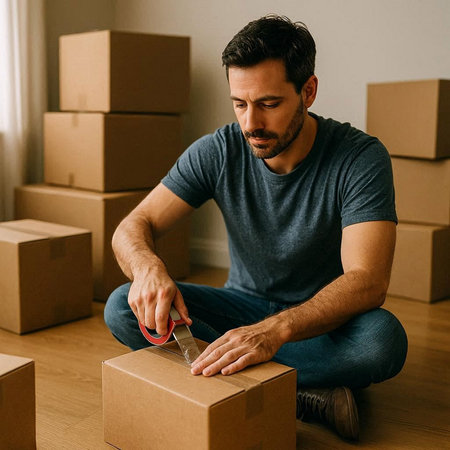 Young man is packing a parcel. He is sitting on the floor at home.